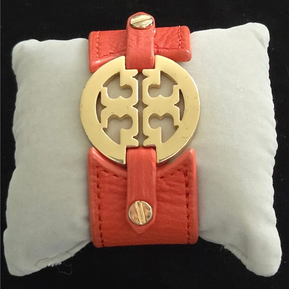 Tory Burch Reva Logo Cuff Bracelet Orange Wide Leather Double‎ Snap Wrap